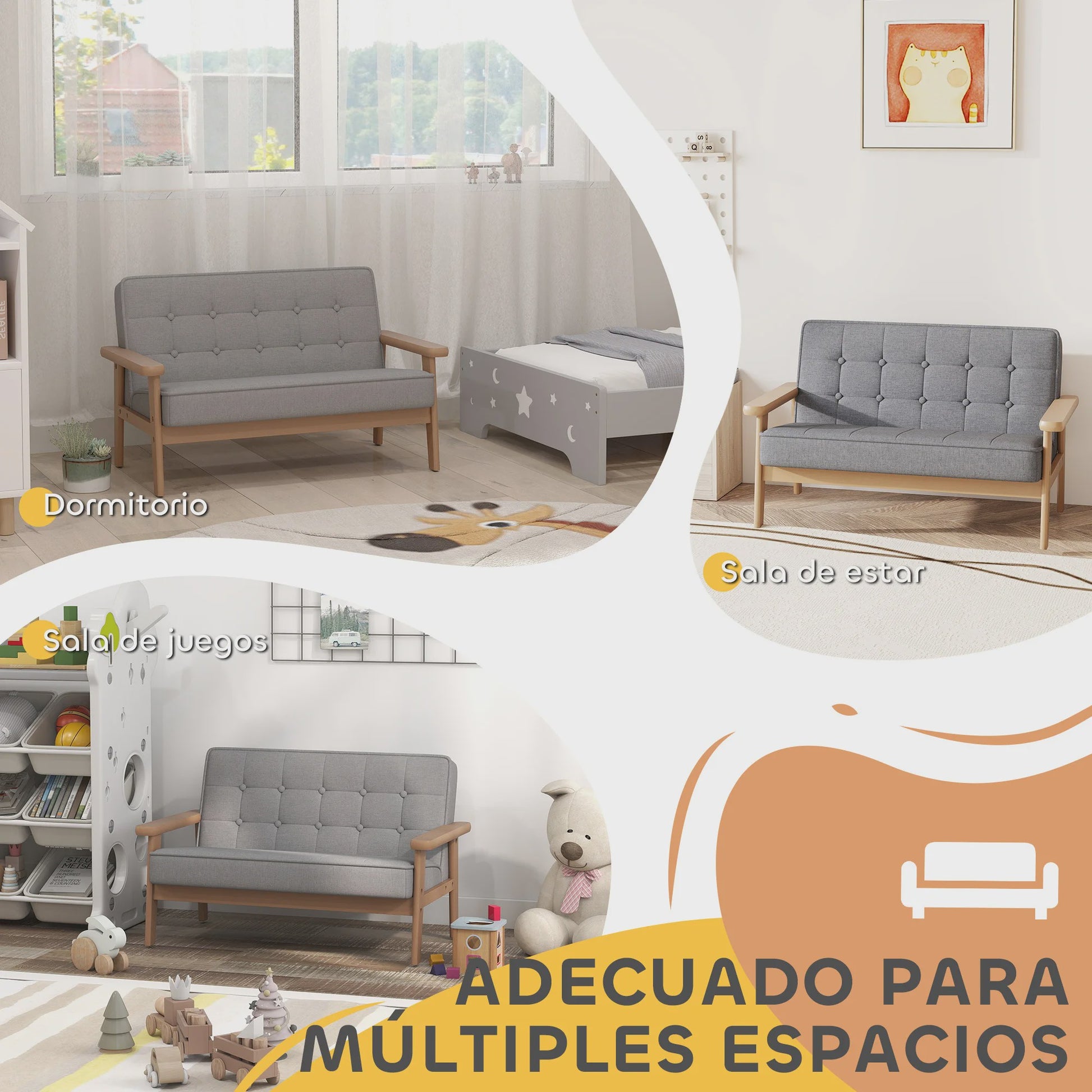 Grijze Kinderbank - Zachte Pluche 2-zits Sofa met Houten Frame