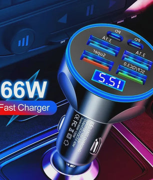 6-in-1 Auto Oplader: Super Snel Laden met 4 USB & 2 USB-C Poorten en Digitale Voltage Monitor