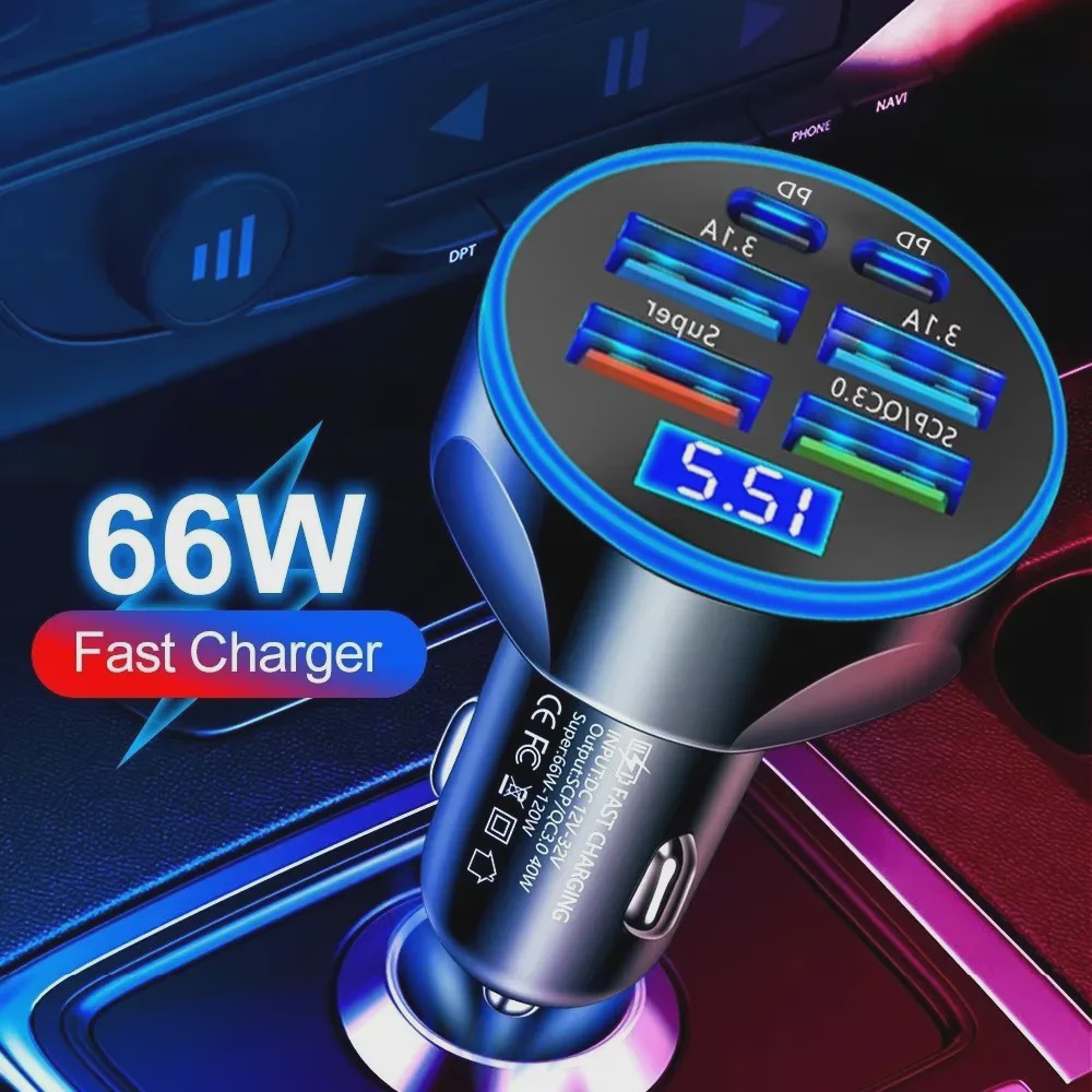 6-in-1 Auto Oplader: Super Snel Laden met 4 USB & 2 USB-C Poorten en Digitale Voltage Monitor