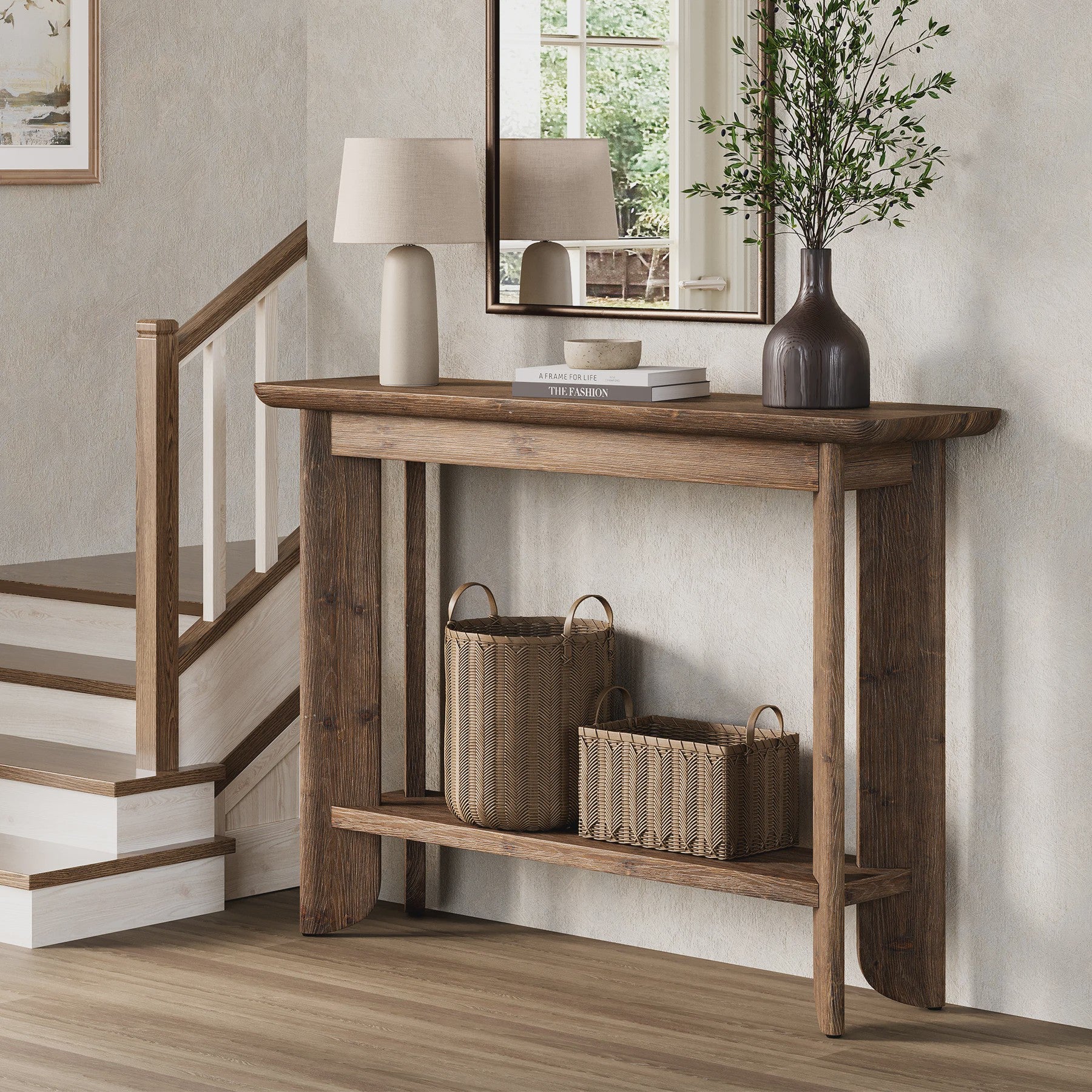 Massief Houten Console Tafel met 2 Lagen - Stijlvolle Sofa Tafel voor Hal of Woonkamer (Walnootkleur) - 105cm
