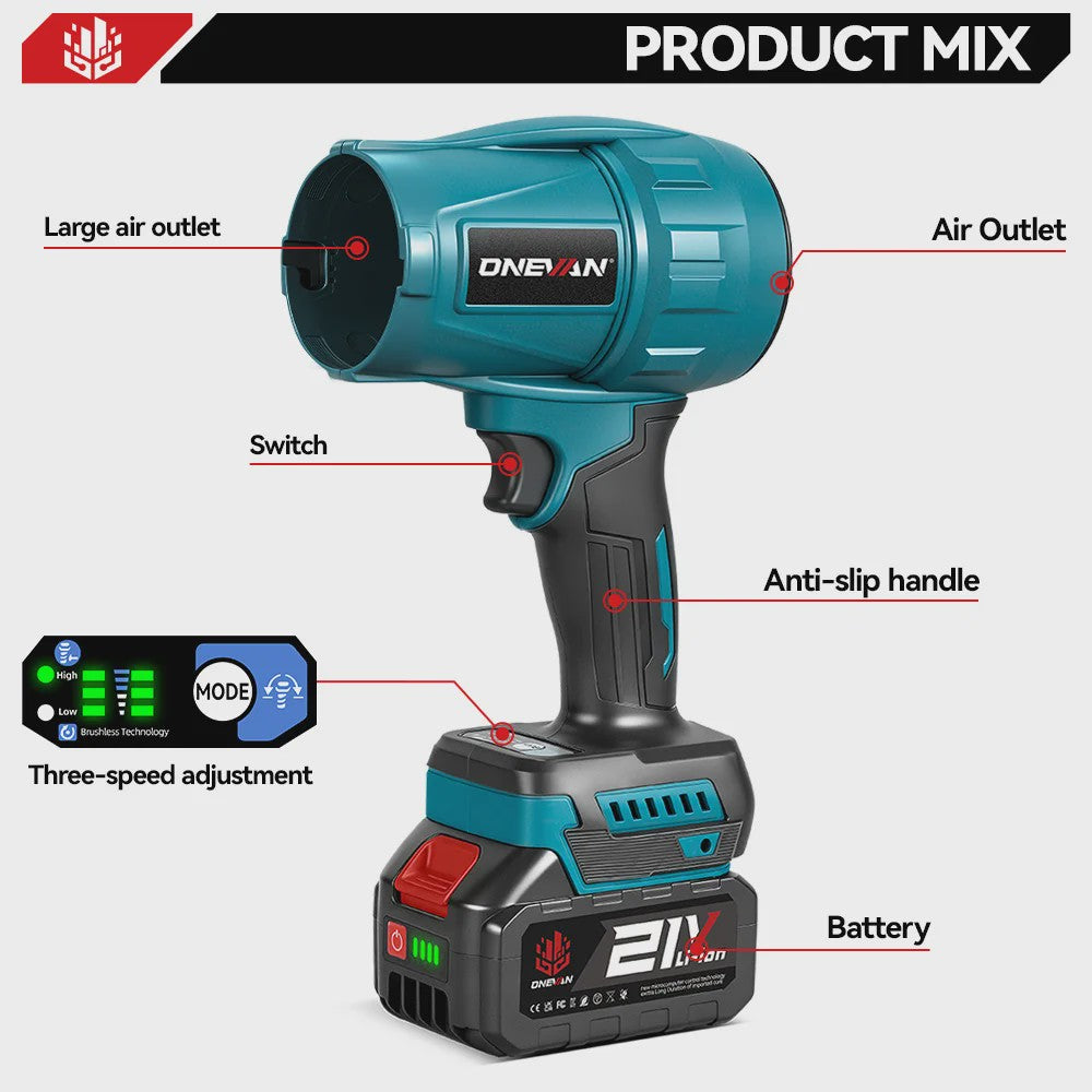 ONEVAN 3500W Krachtige Accu Bladblazer & Stofzuiger - 350M/S - Borstelloze Motor - Compatibel met Makita 18V