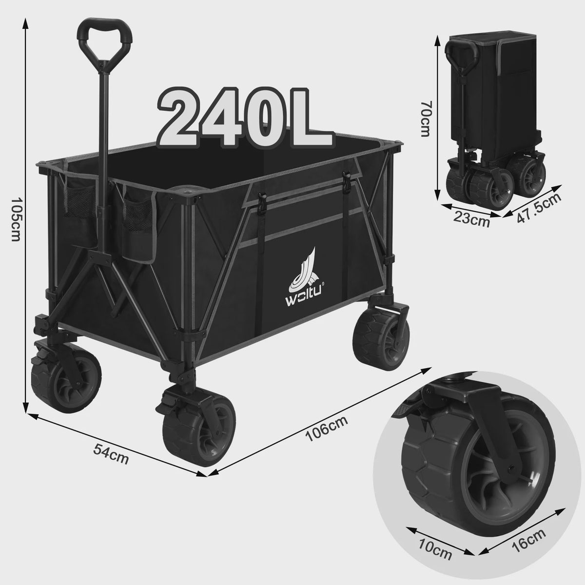 WOLTU Vouwbare Transportkar met Remmen - 240L Camping Kar voor Tuin, Strand & Boodschappen