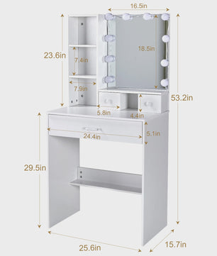 Witte Kaptafel met LED Verlichting & Spiegel - Compact Make-up Tafelmeubel voor Kleine Ruimtes