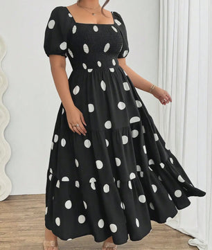 Zwarte Polka Dot Jurk met Pofmouwen en Vierkante Hals - Elegante Zomerjurk voor Dames