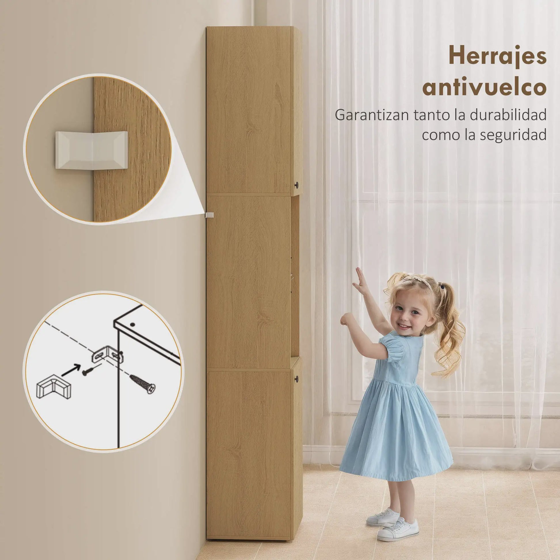 Hoge Smalle Badkamerkast met 6 Niveaus, 2 Deuren en Eikenlook - 40x31x182 cm