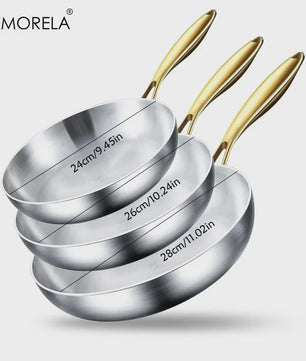 3-delige Set Roestvrij Staal Koekenpannen & Wok met Gouden Handvat - 5-laags Staal, Non-stick