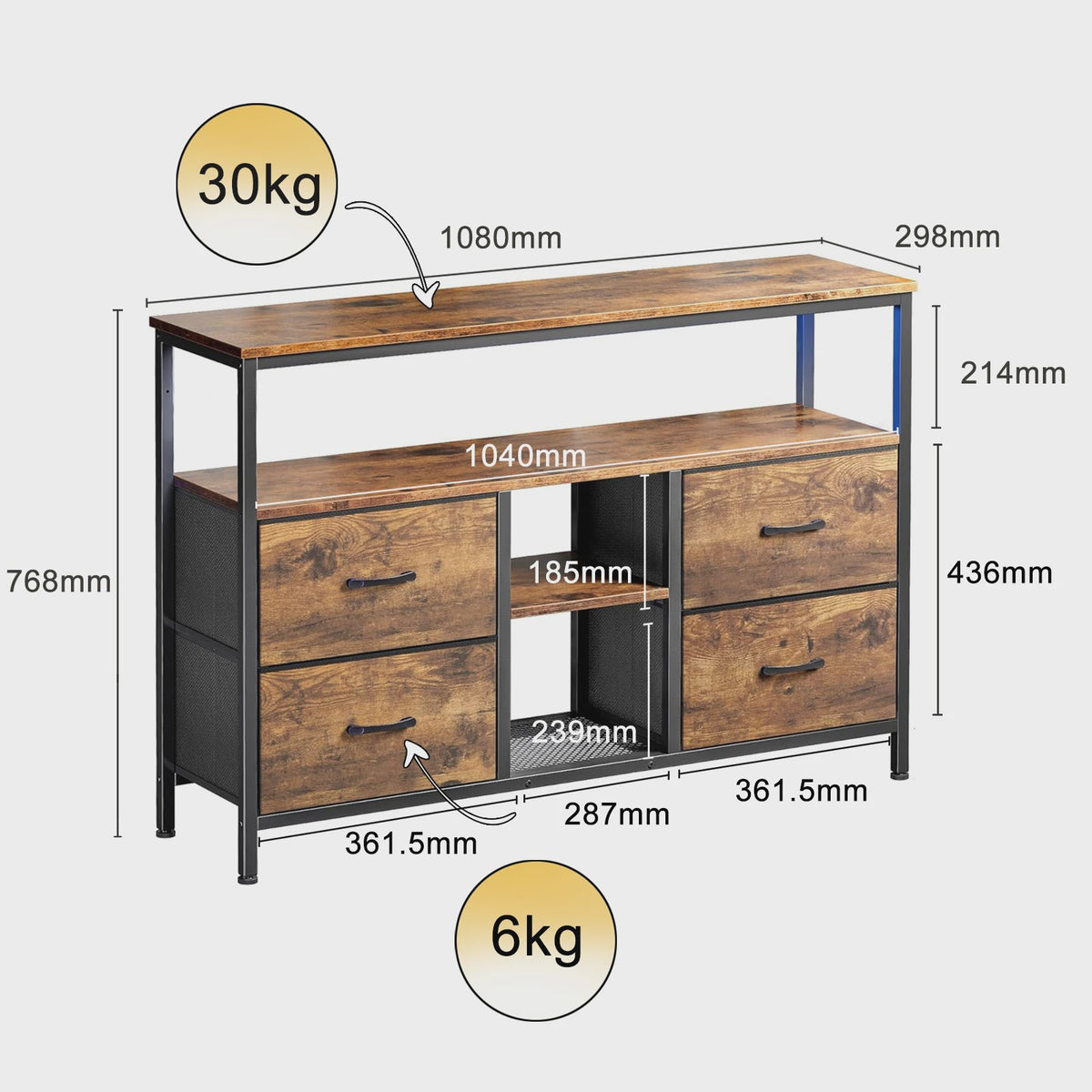 Industrieel TV-meubel 108cm met 4 Stoffen Lades en RGB LED-verlichting