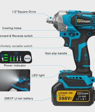 Gisam Accu Slagschroevendraaier 1200 Nm Borstelloos 1/2" - Compatibel met Makita 18V