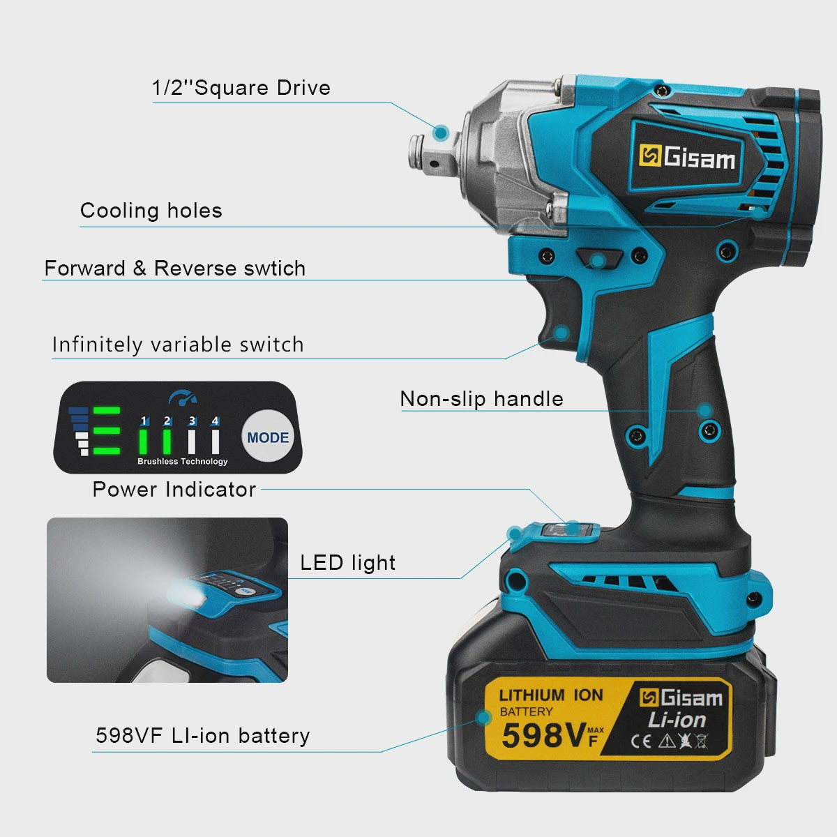 Gisam Accu Slagschroevendraaier 1200 Nm Borstelloos 1/2" - Compatibel met Makita 18V