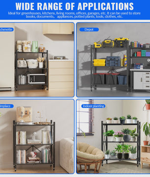 3-Laags Opvouwbaar Metalen Rek met Wielen - Flexibele Opbergoplossing voor Huis & Garage