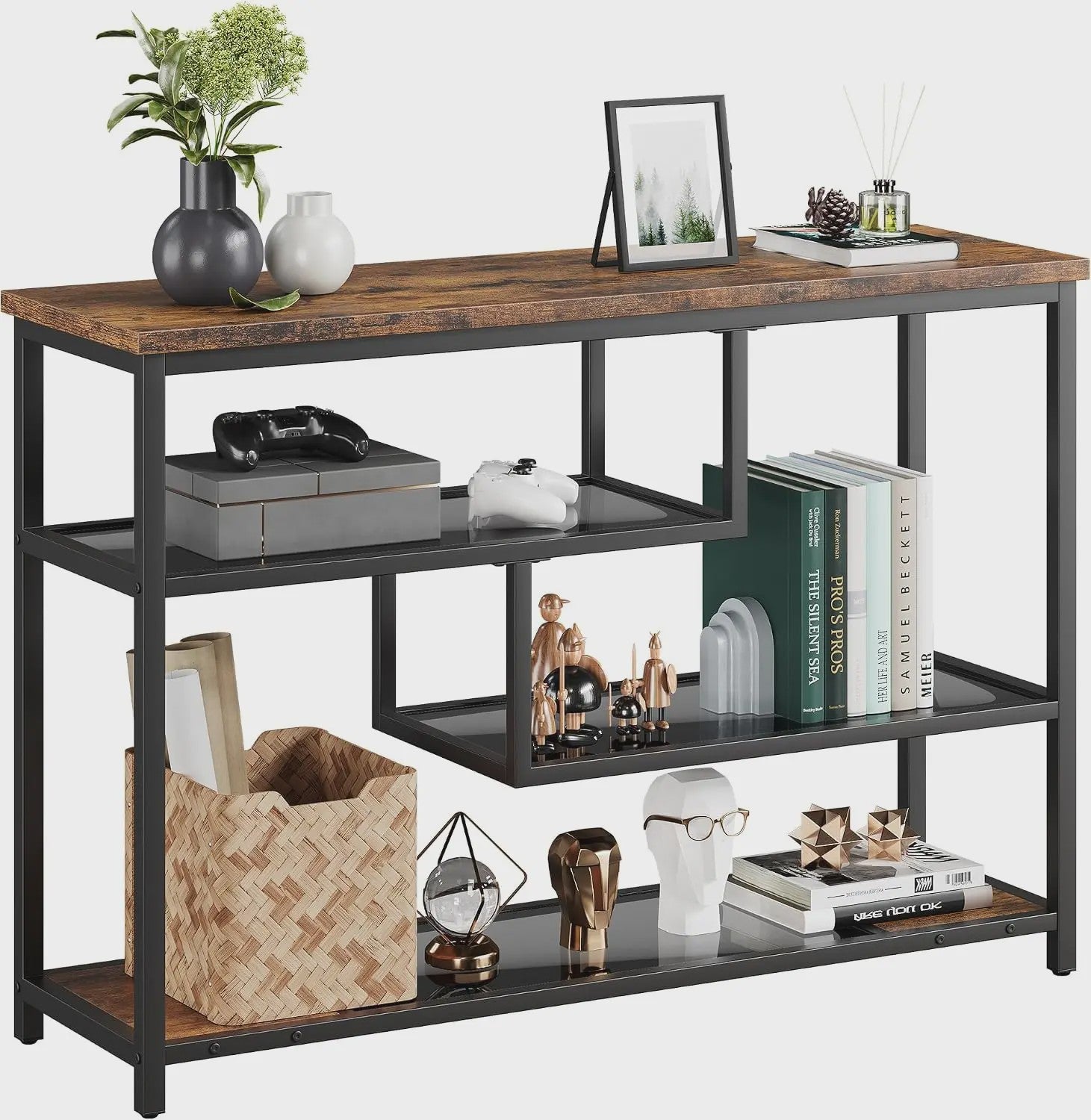 Industriële Vintage Console Tafel met 4 Niveaus en Glazen Bladen