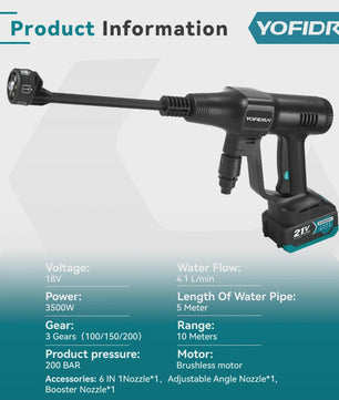 YOFIDRA 200 Bar Brushless Hogedruk Autowasser met 22L Emmer - Draadloos voor Makita 21V Accu
