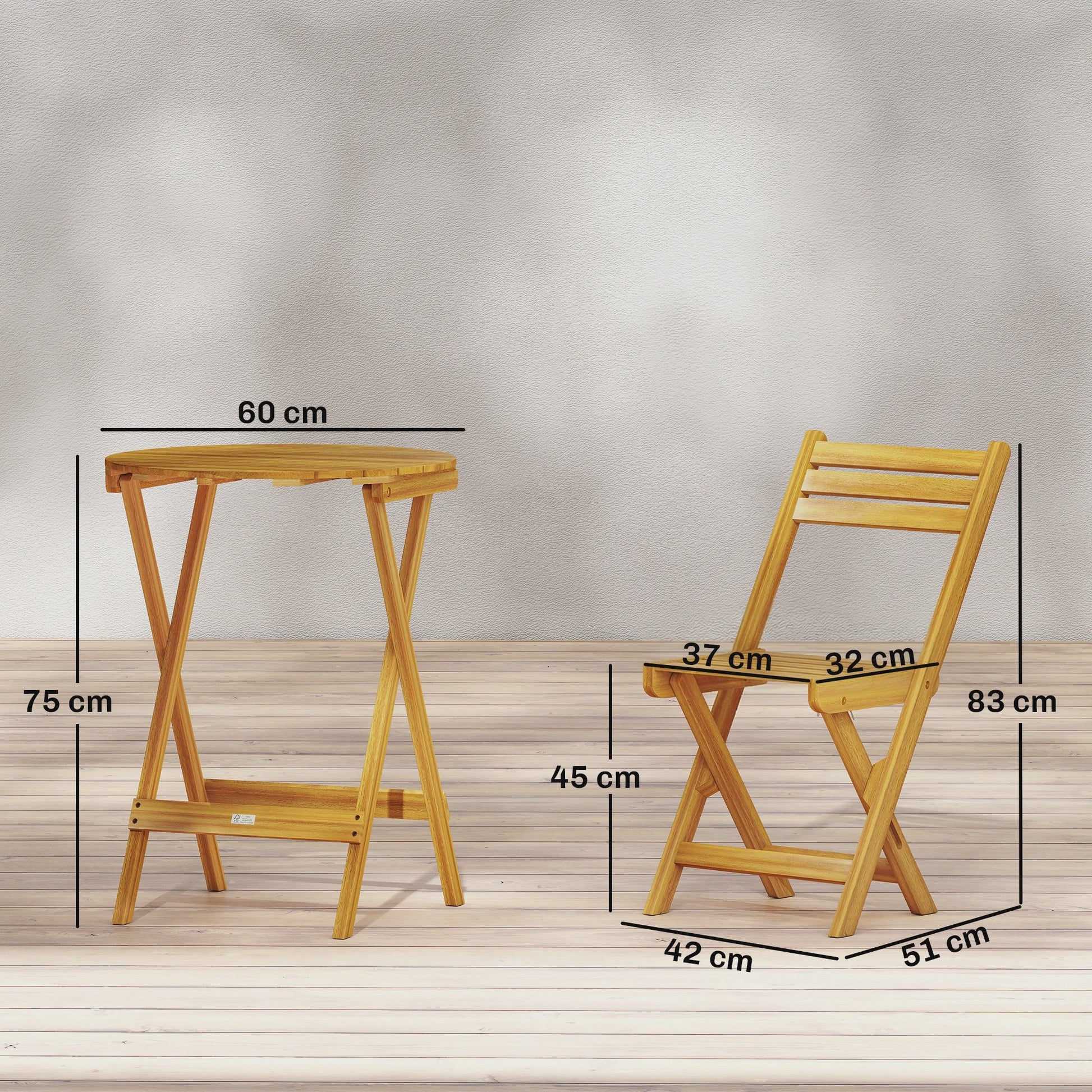 Outsunny 3-delige Inklapbare Bisterset van Acaciahout met Ronde Tafel en 2 Stoelen