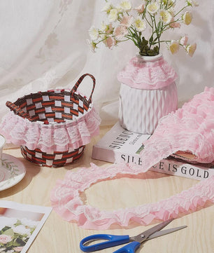 Ruffle Kantband met Borduurwerk - 5cm Breed - Zwart, Wit, Roze - DIY Decoratie