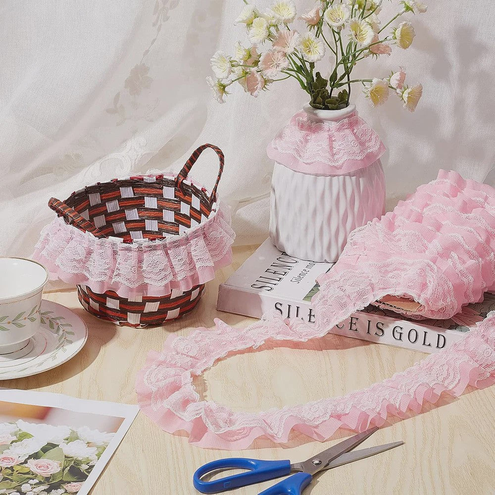 Ruffle Kantband met Borduurwerk - 5cm Breed - Zwart, Wit, Roze - DIY Decoratie