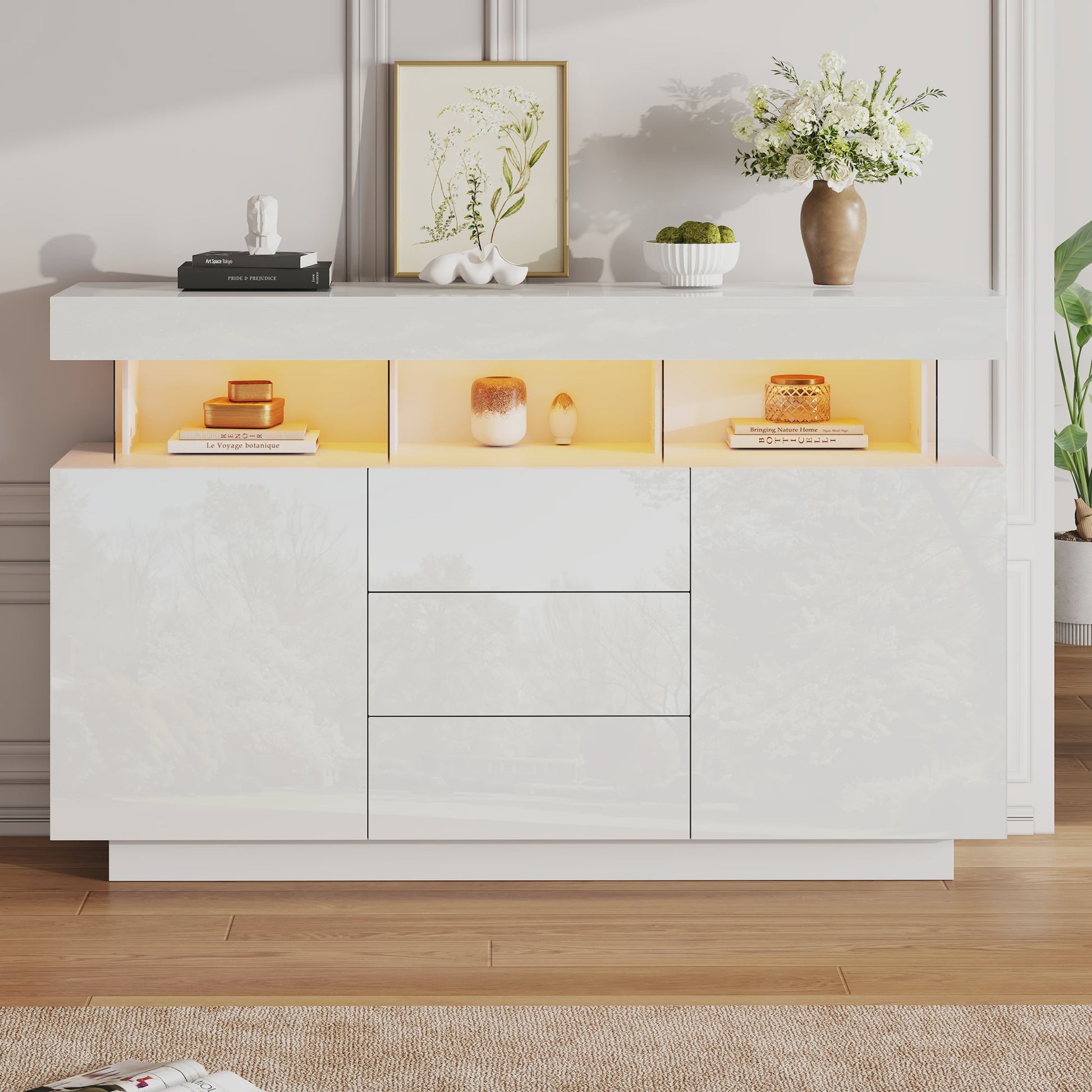 Moderne Dressoir 140cm Hoogglans Wit met LED Verlichting en 16 Kleuren