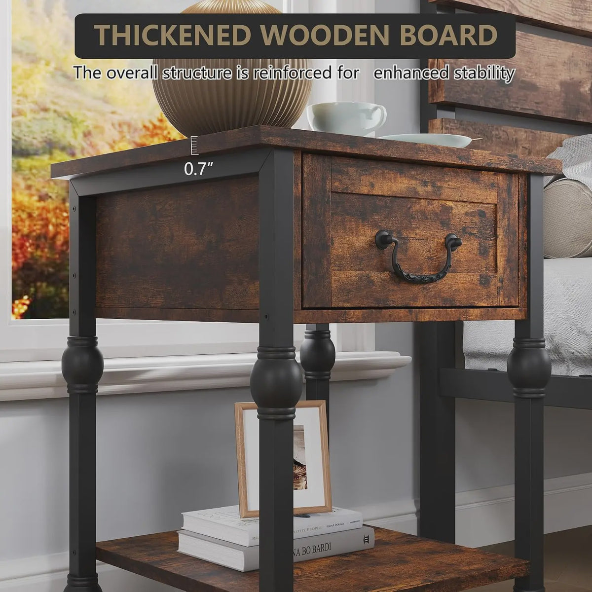 Industriële Nachtkastje met Lade en Open Plank - Vintage Bijzettafel Retro Bruin