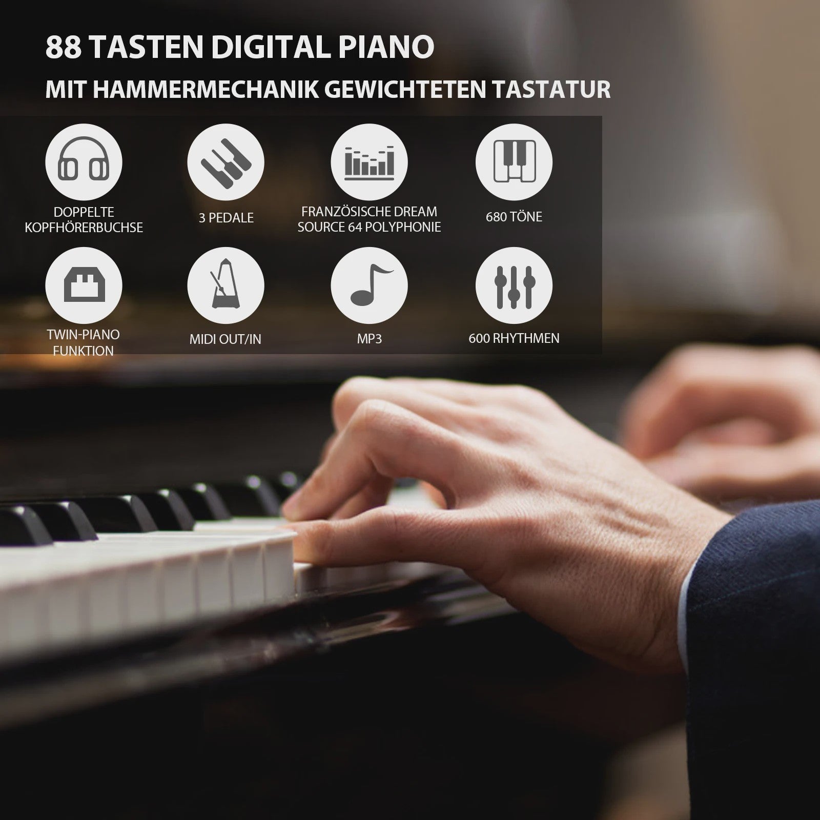 MUSTAR Digitale Piano 88 Toetsen met Hammer Mechaniek & 3 Pedalen - Zwart Houtoptiek