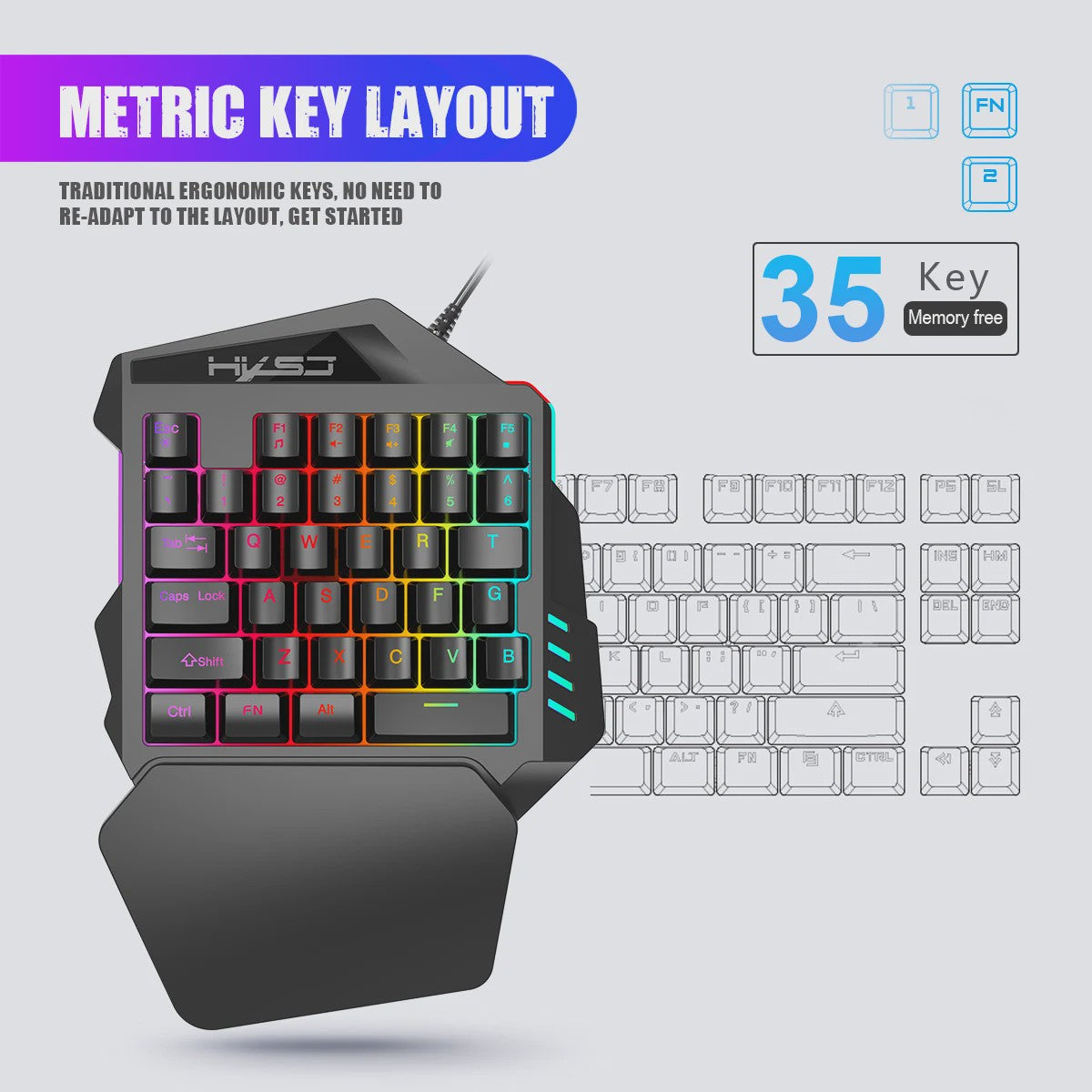Ergonomisch Eénhandig Gaming Toetsenbord - Compact 35-Key Design met RGB Verlichting en Polssteun