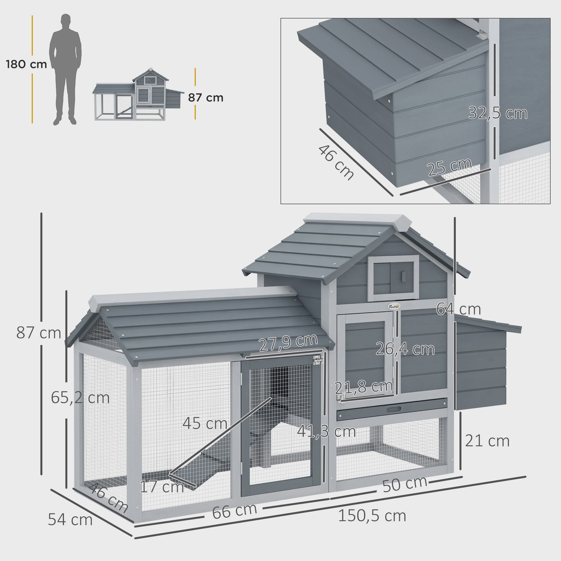 PawHut Kippenhok Cottage met Verhoogd Frame - 150.5x54x87 cm