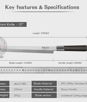 Turwho Japans Sashimi Mes 270mm - Professioneel Vis & Vlees Snijmes van X9Cr18Mov Staal