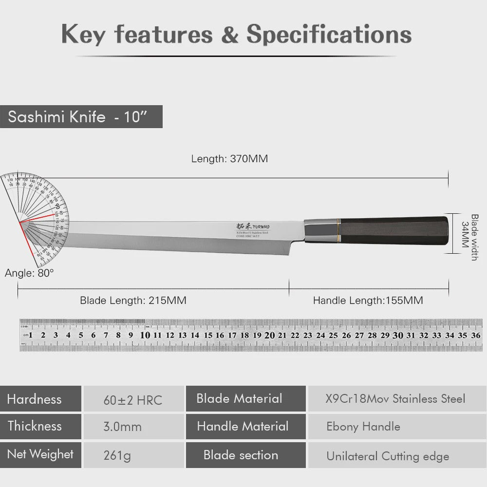 Turwho Japans Sashimi Mes 270mm - Professioneel Vis & Vlees Snijmes van X9Cr18Mov Staal