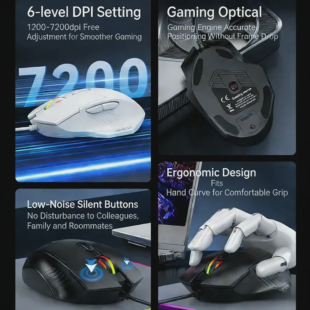 Ergonomische USB Bedrade Gaming Muis met 6 Knoppen en 7200 DPI