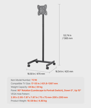 Mobiele TV Standaard met Wielen - Verrijdbaar TV Meubel voor Diverse TV Maten