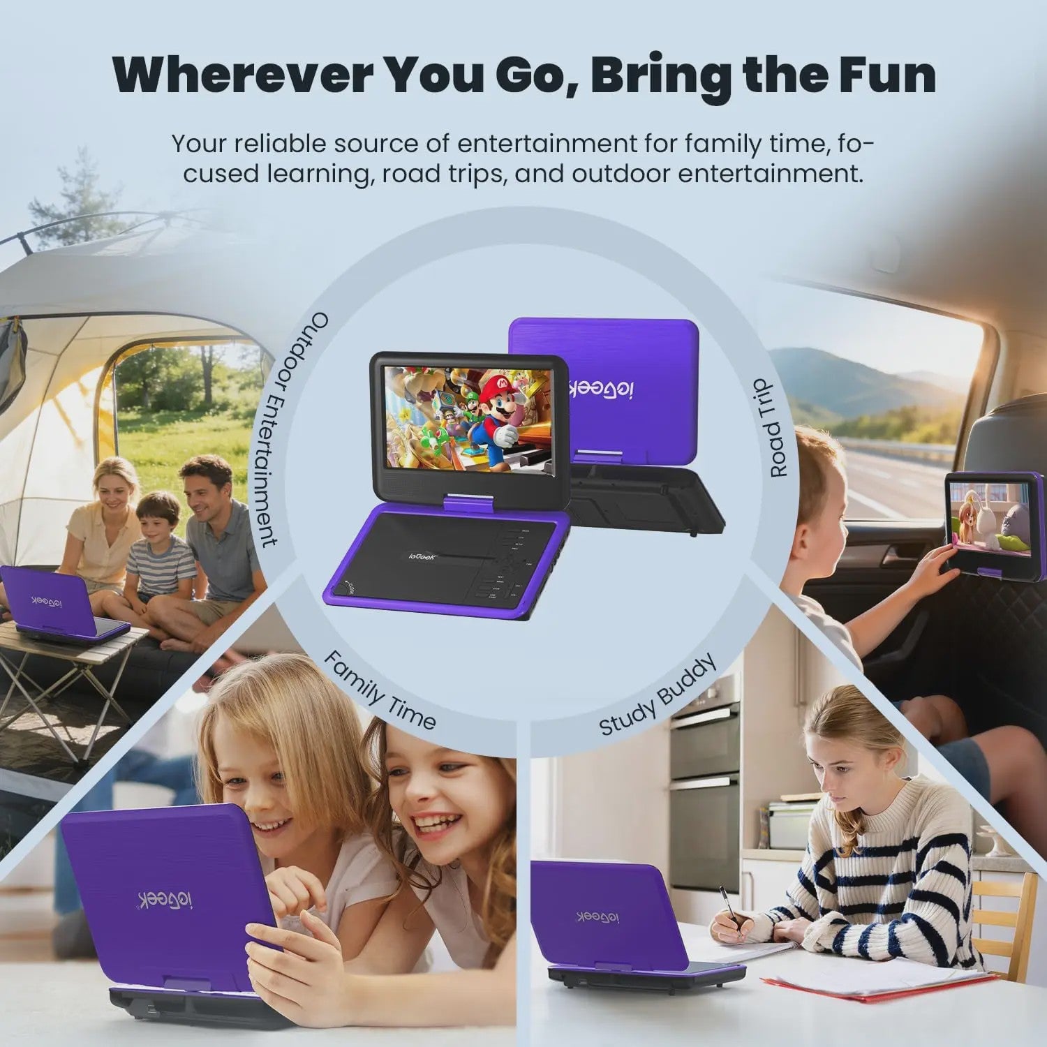 IeGeek Draagbare DVD Speler 11.5 inch met 9.5 inch HD Scherm - Paars, 5 Uur Batterij, USB/SD, TV Sync - Ideaal voor Kinderen en Reizen