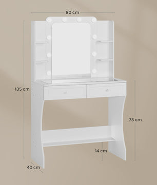 Witte Kaptafel met Verstelbare 3-Kleur Verlichting en Glazen Tafelblad - Stijlvolle Make-up Opbergruimte