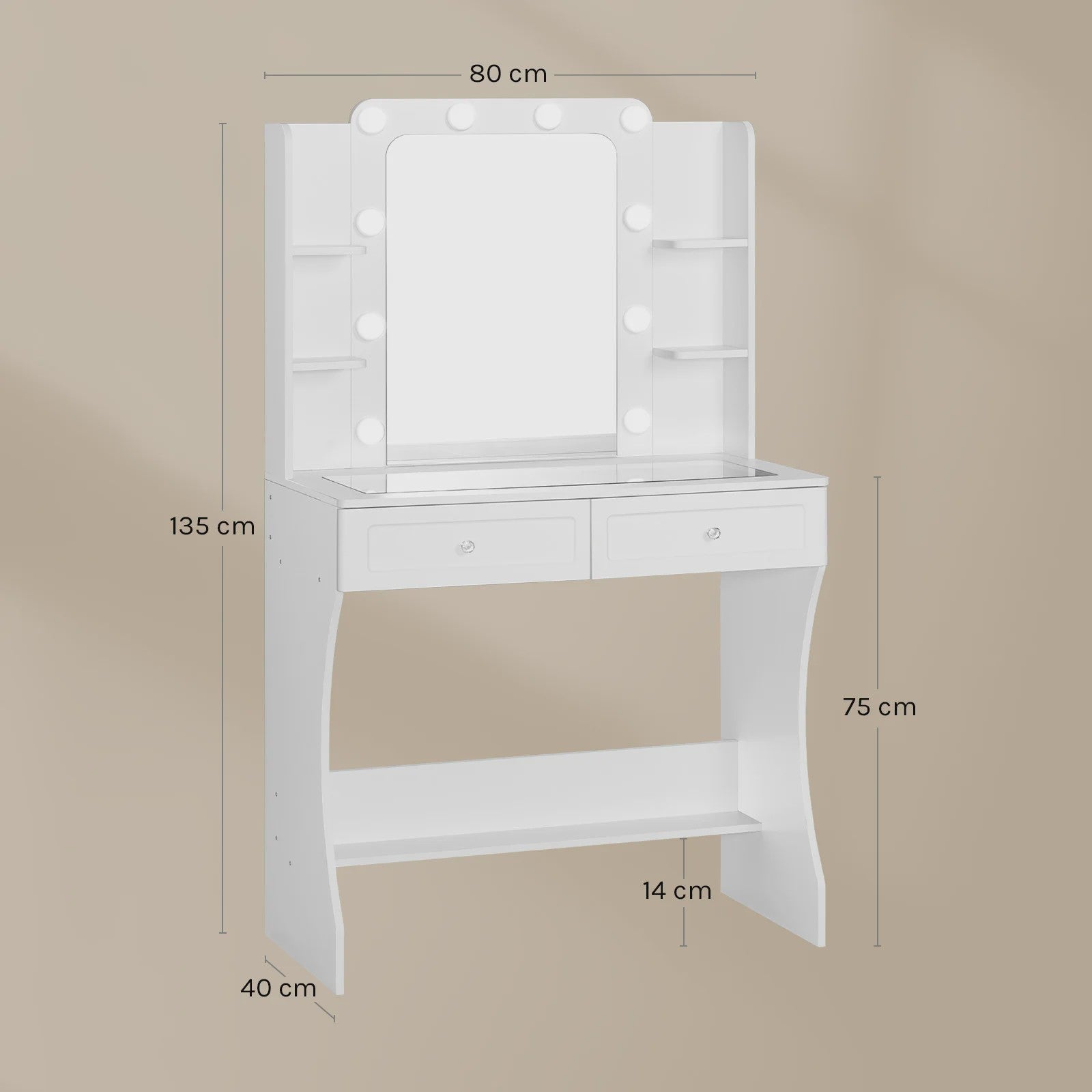 Witte Kaptafel met Verstelbare 3-Kleur Verlichting en Glazen Tafelblad - Stijlvolle Make-up Opbergruimte