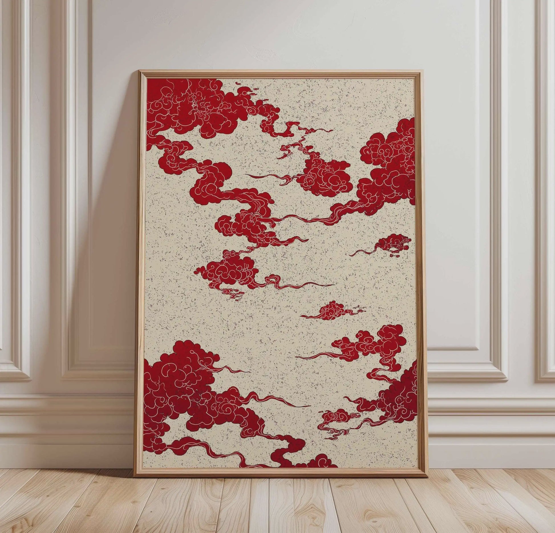 Japanse Kraanvogel Poster - Vintage Ukiyo-e Muurkunst met Rode Zon en Pijnboom