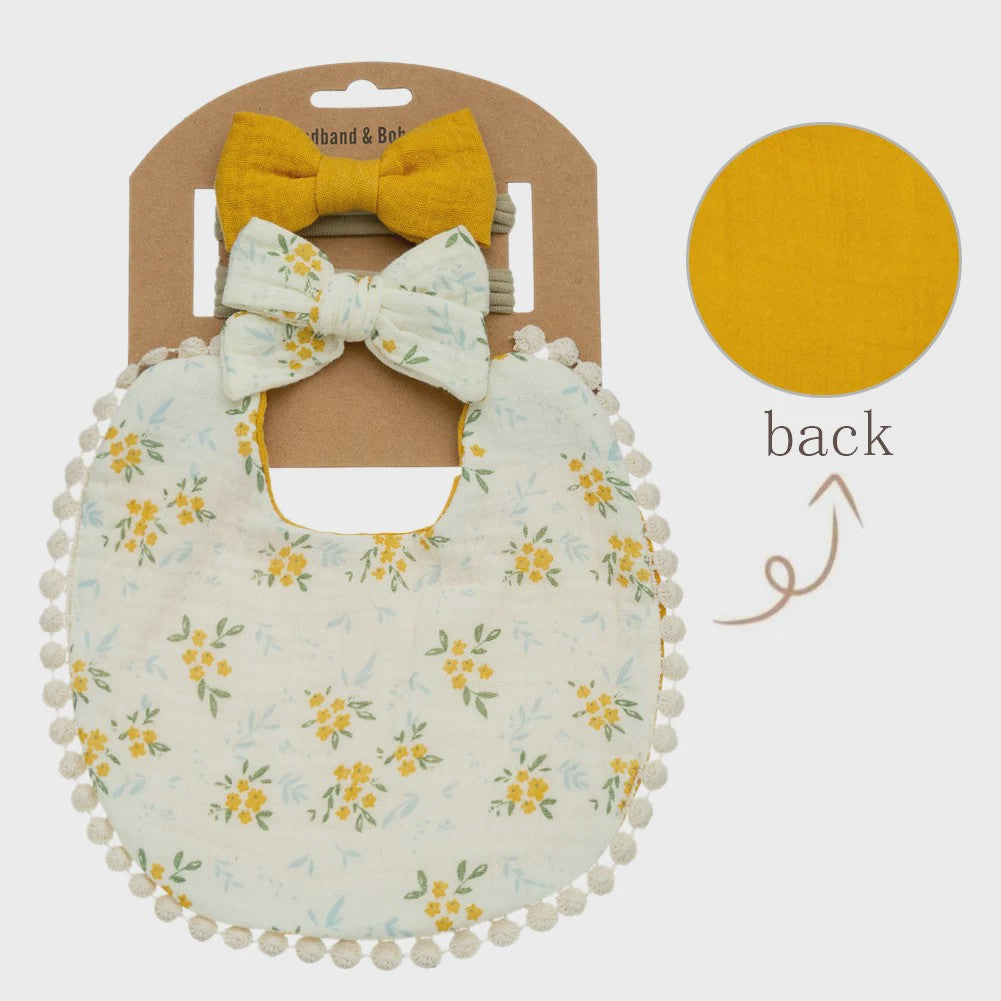 Babyset: 3x Babyluiers met Strik Haarbandjes - Bloemenprint & Pompons