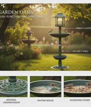 Decoratief Vogelbad met Voedersysteem en Verlichting - 97cm Hoog - Duurzaam Hars