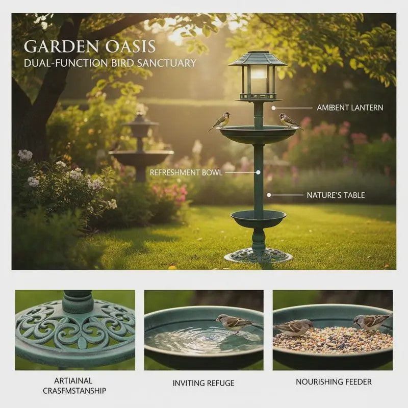 Decoratief Vogelbad met Voedersysteem en Verlichting - 97cm Hoog - Duurzaam Hars
