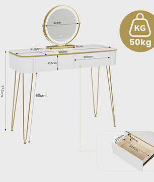 Elegante Witte Kaptafel met LED Spiegel en 3 Verlichtingsniveaus - Make-up Tafel met Grote Lades
