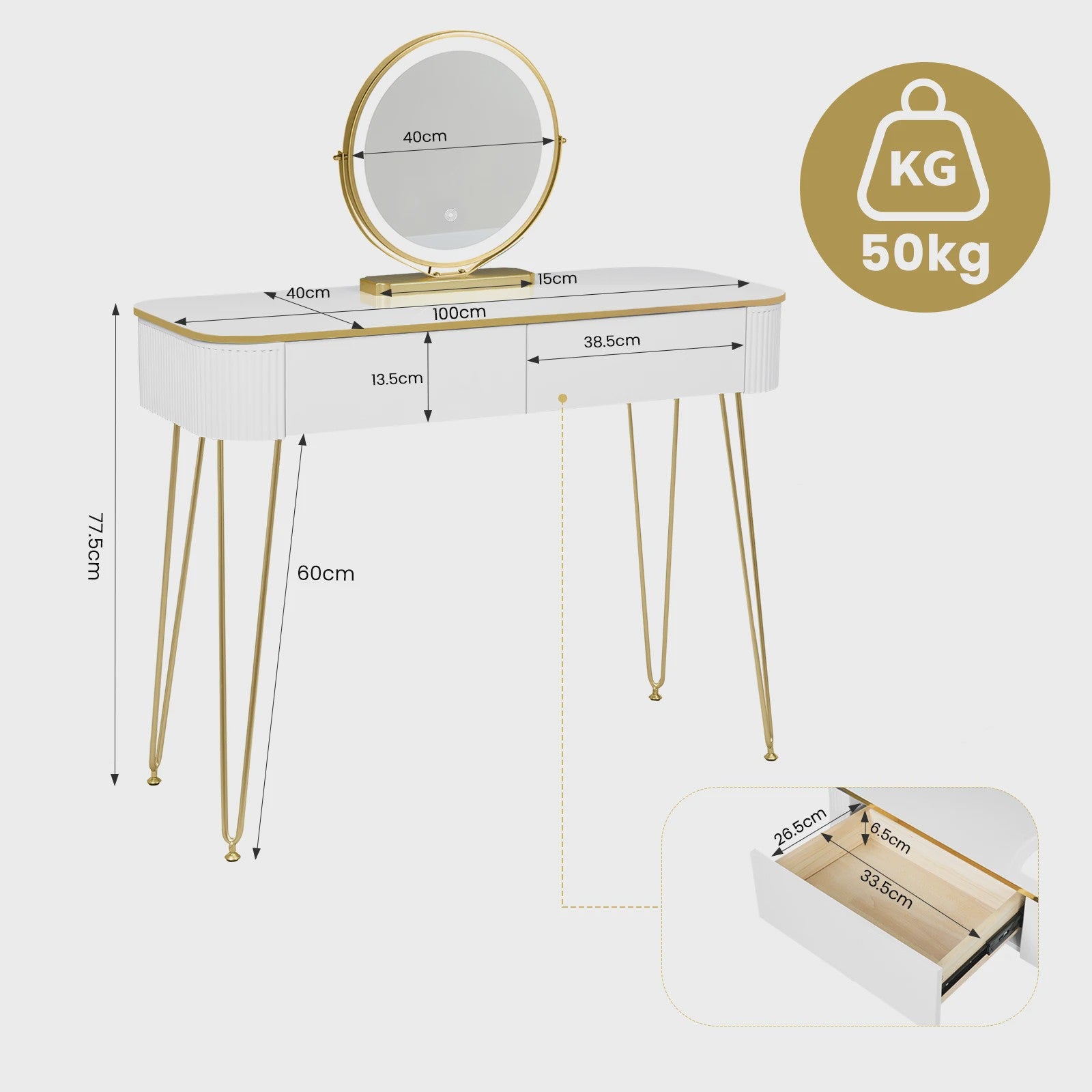 Elegante Witte Kaptafel met LED Spiegel en 3 Verlichtingsniveaus - Make-up Tafel met Grote Lades