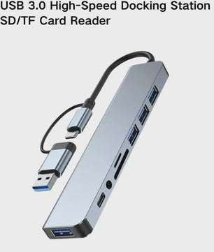 8-in-2 USB-C Hub: Expander met USB 3.0, Type-C, SD/TF & Audio voor Telefoon/Tablet