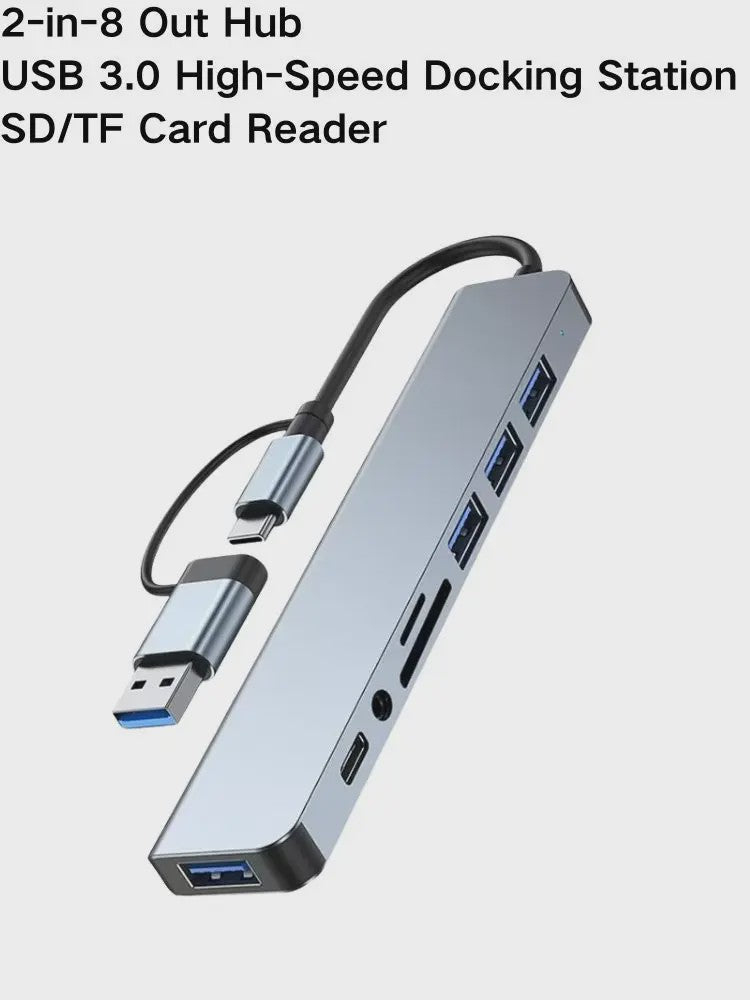 8-in-2 USB-C Hub: Expander met USB 3.0, Type-C, SD/TF & Audio voor Telefoon/Tablet
