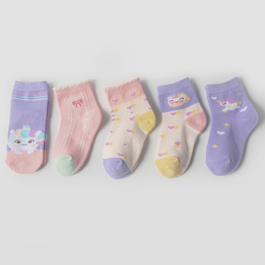5 Paar Kindersokken Meisjes met Unicorn & Strik - Leuke Cartoon Mid-Calf Sokken voor Dagelijks Gebruik