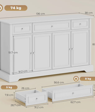 HOMCOM Buffetkast Woonkamer - Wit, 3 Lades, 4 Deuren met Soft-close en Verstelbare Planken