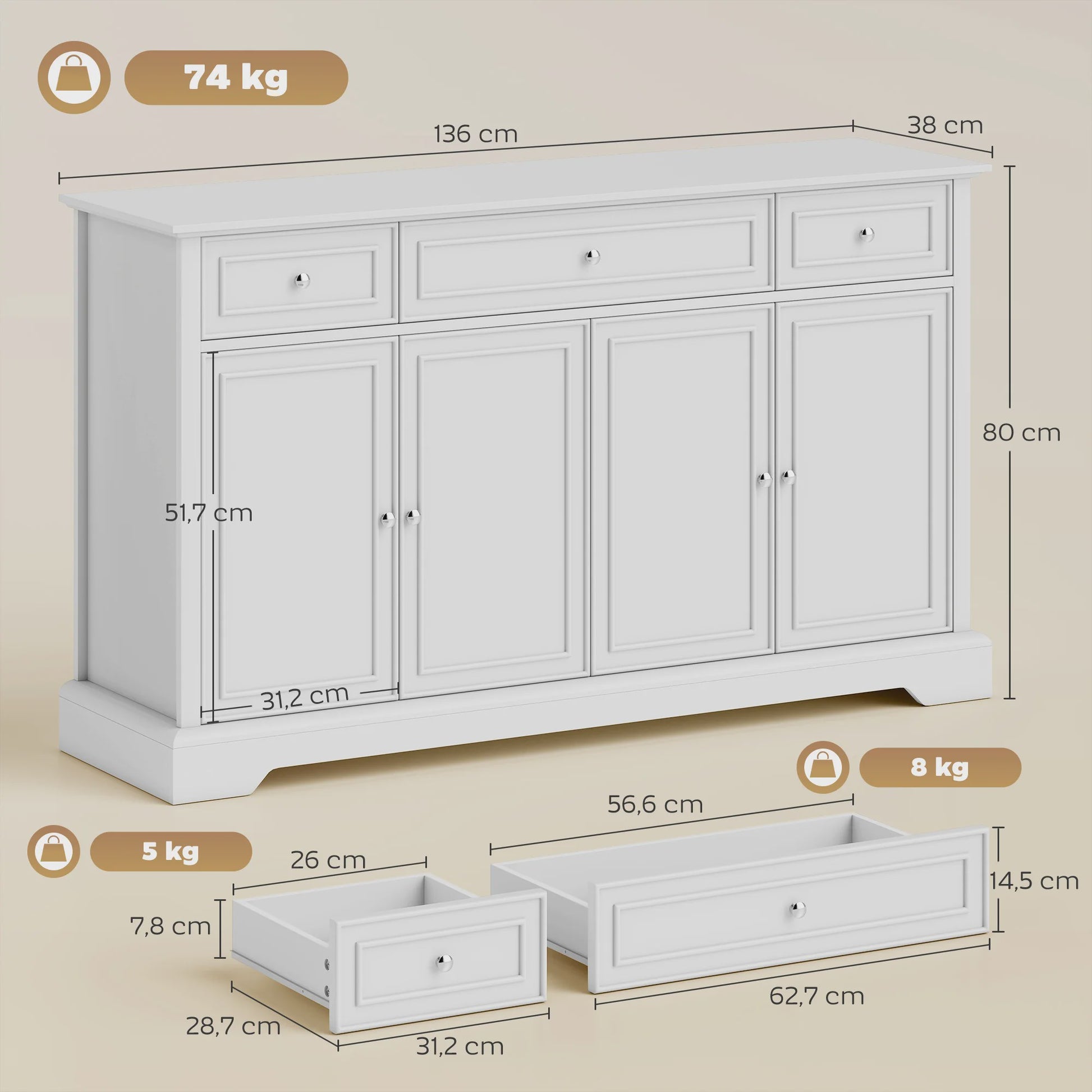 HOMCOM Buffetkast Woonkamer - Wit, 3 Lades, 4 Deuren met Soft-close en Verstelbare Planken