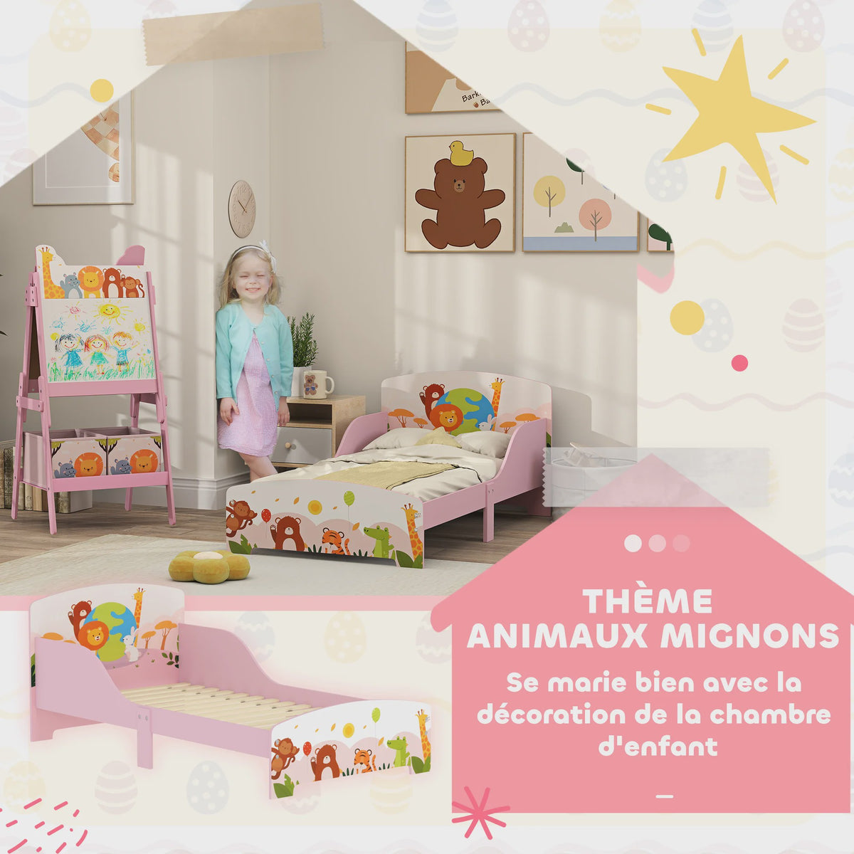 AIYAPLAY Kinder Vloerbed met Dierenprint - 140x70 cm - Inclusief Beschermpanelen & Lattenbodem