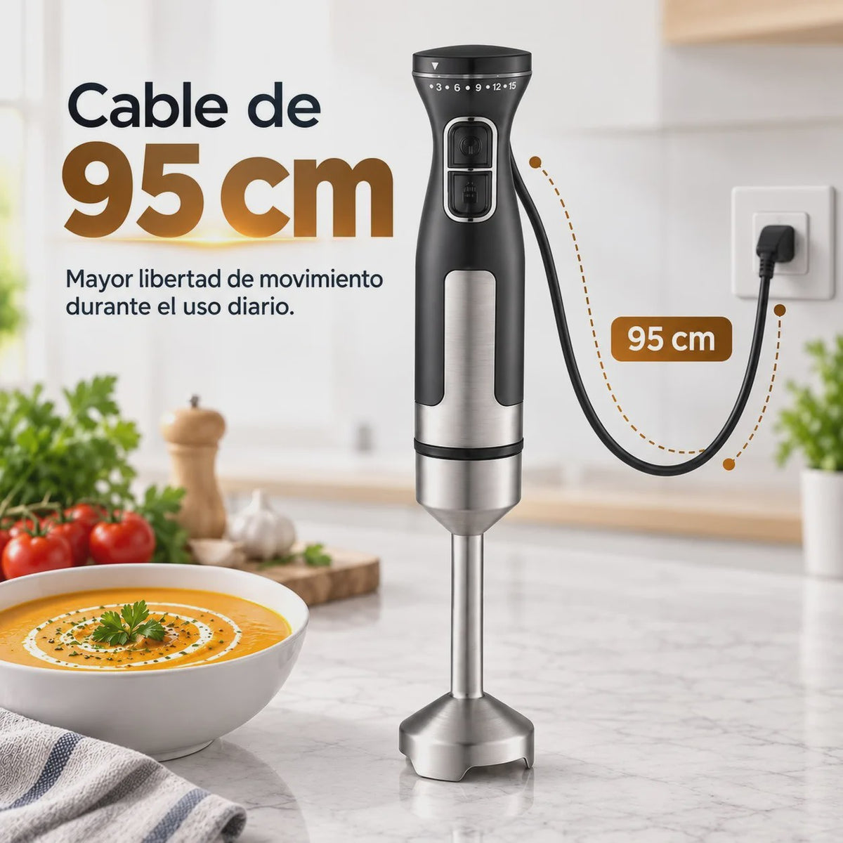 Krachtige 1000W Handmixer met 15 Snelheden, Turbo & RVS Steel - Perfect voor Soepen, Sauzen en Smoothies. Ergonomisch & 95cm Snoer.