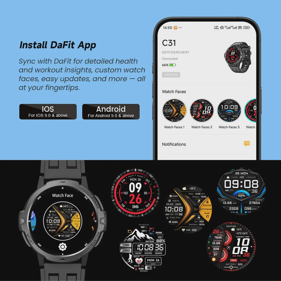 LEADOYS C31 GPS Smartwatch Heren - Outdoor Fitness, Zwemmen & Hardlopen met Hartslagmeter
