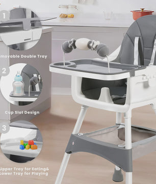 Draagbare Kinderstoel 4-in-1: Eten, Spelen & Converteren met Dubbele Plateaus en Speelgoedrek