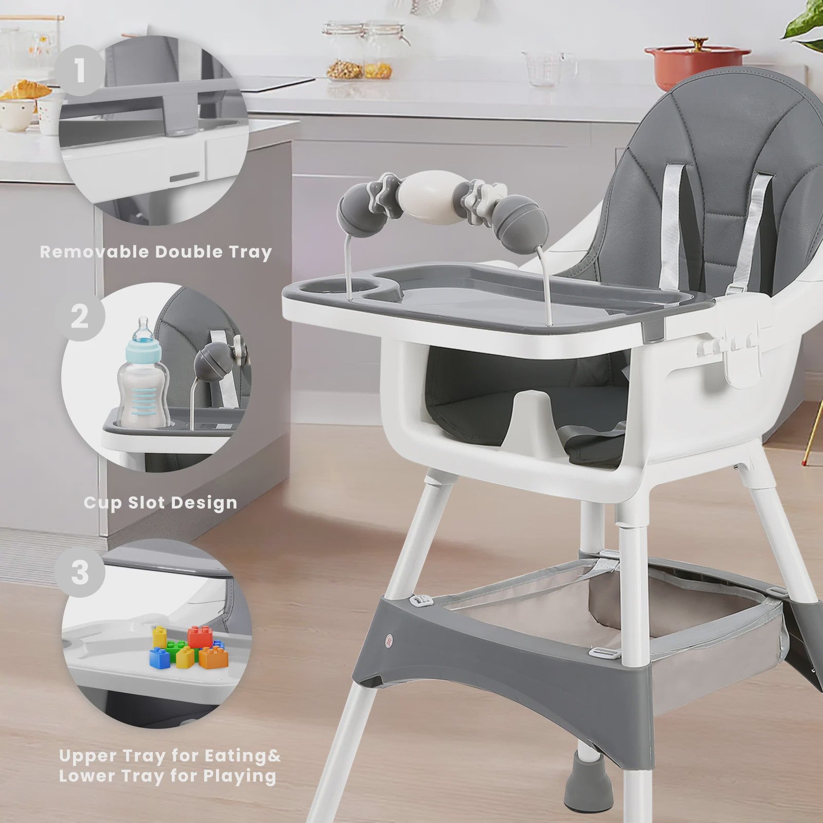 Draagbare Kinderstoel 4-in-1: Eten, Spelen & Converteren met Dubbele Plateaus en Speelgoedrek