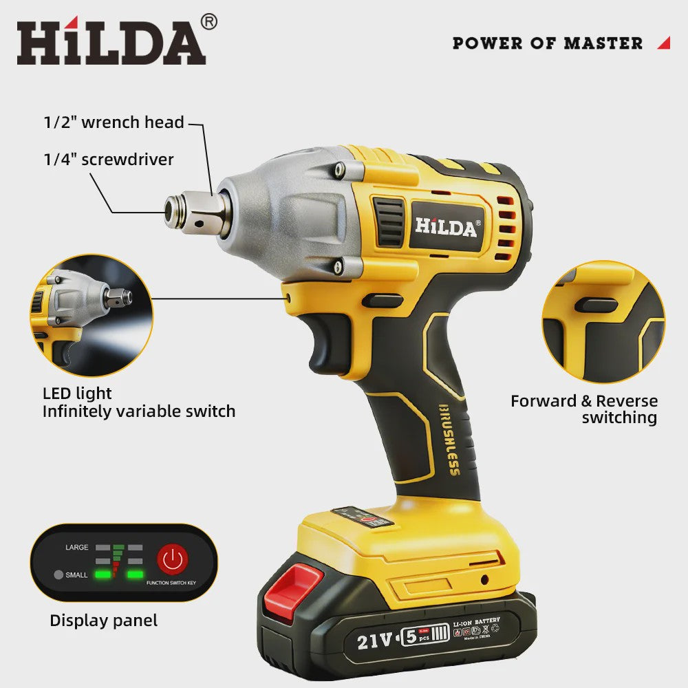 HILDA 1/2" Brushless Slagmoersleutel - 1200 Nm Krachtige Accu Klopmachine voor Banden en Steigerbouw (Compatibel met Makita)