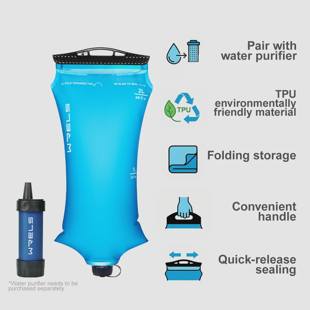 WRELS Opvouwbare Waterfilter Zak - Outdoor Waterzuivering, BPA-Vrij, Ideaal voor Survival