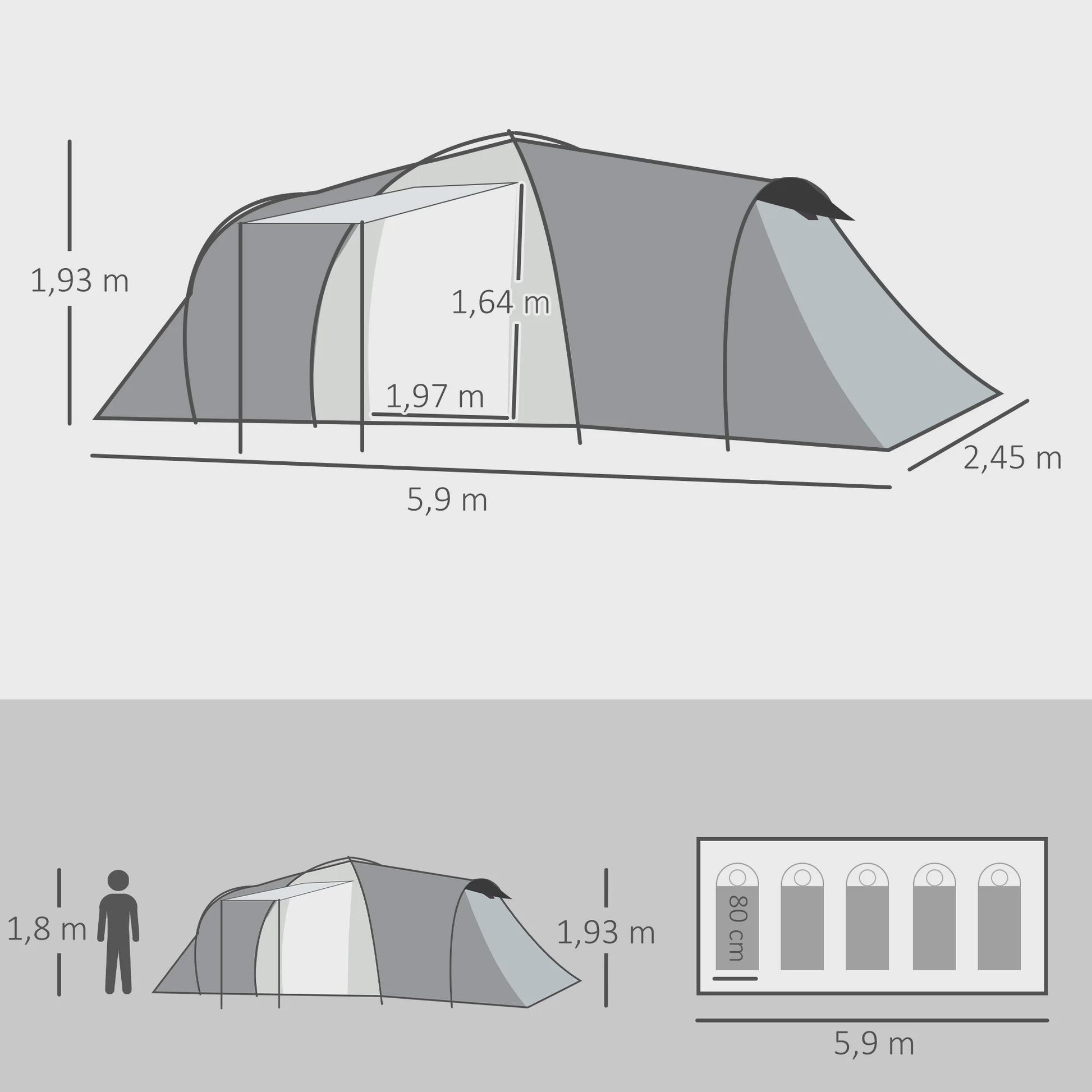 Outsunny 4-6 Persoons Familietent met 2 Slaapkamers, Woonruimte en UV-bestendige Luifel